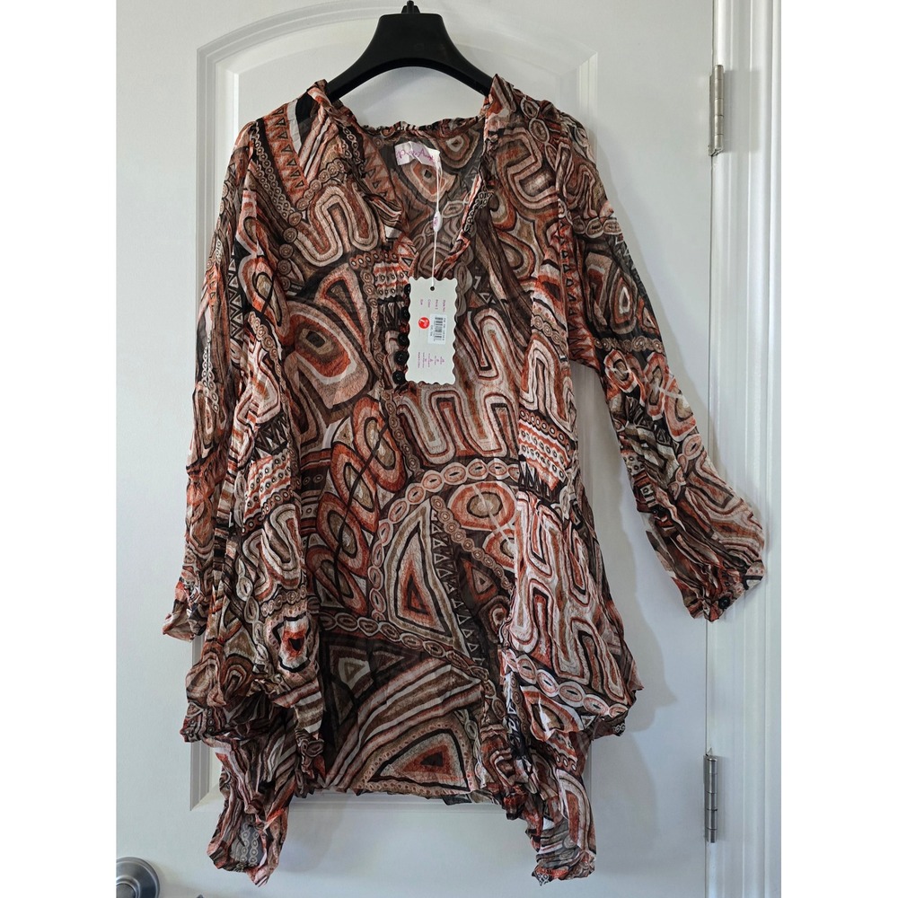 Pretty Angel Silk Blend Abstract Geometric Handkerchief Hem Tunic Top Orange L